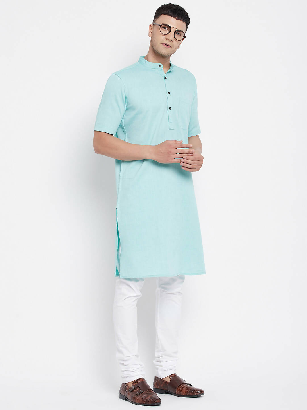 Even Apparels Green Pure Cotton Men's H/S Kurta With Band Collar | Swadesiicart