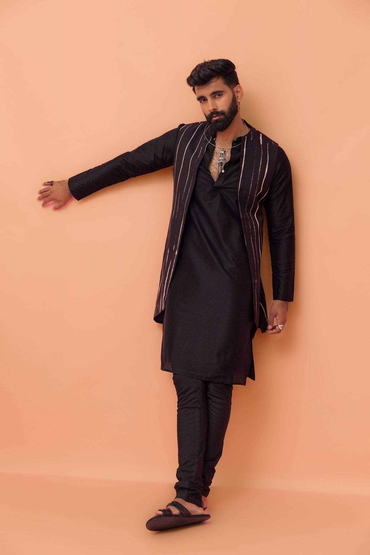 Kisah Men Black Printed Kurta Jacket Churidar Set with Tie & Dye | Swadesiicart