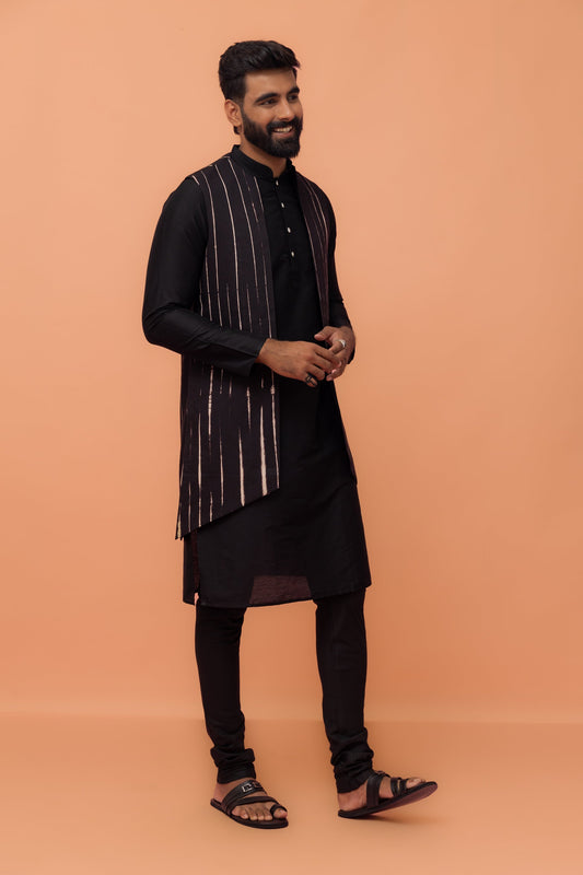 Kisah Men Black Printed Kurta Jacket Churidar Set with Tie & Dye | Swadesiicart