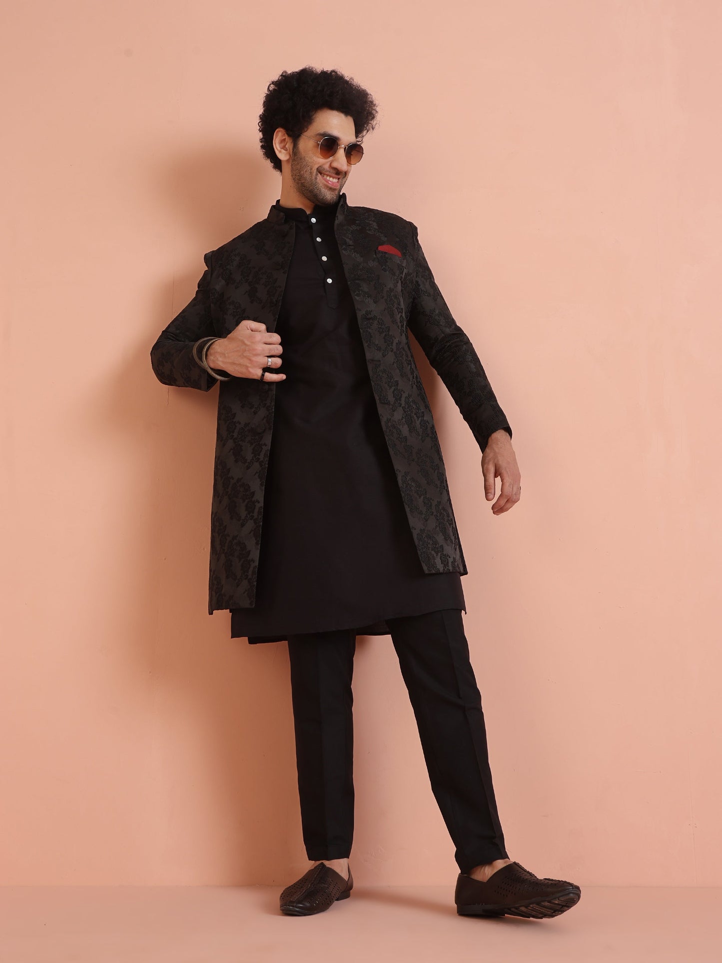 Kisah Men Black Embossed Kurta Indowestern Trouser Set | Swadesiicart