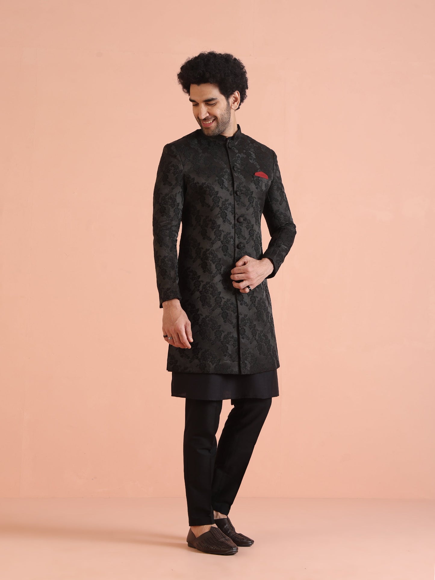 Kisah Men Black Embossed Kurta Indowestern Trouser Set | Swadesiicart