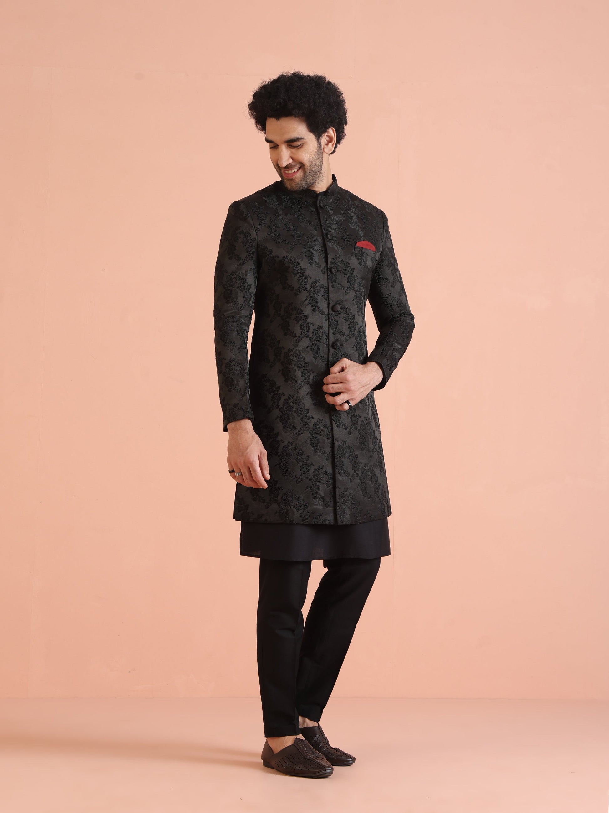 Kisah Men Black Embossed Kurta Indowestern Trouser Set | Swadesiicart