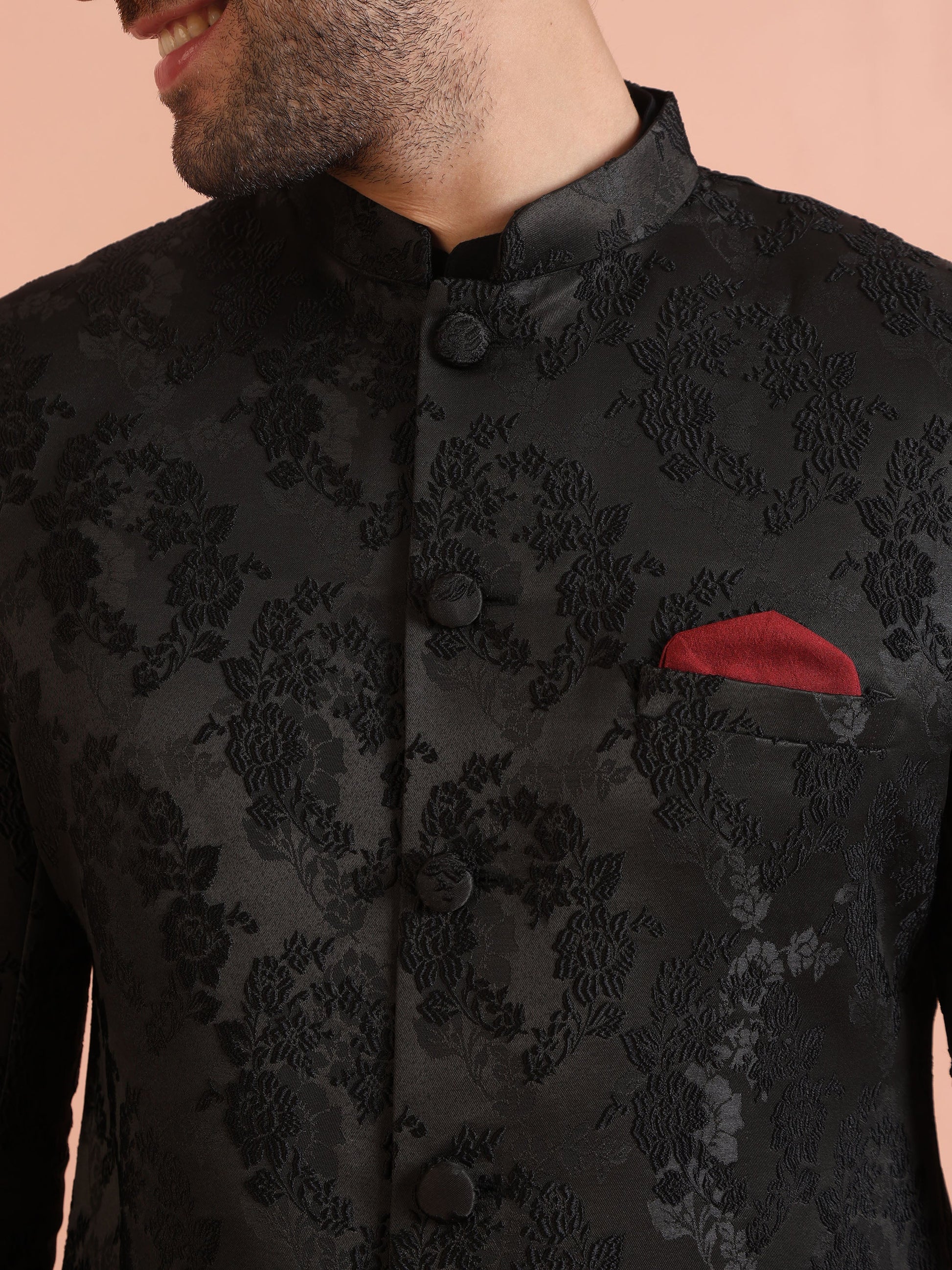 Kisah Men Black Embossed Kurta Indowestern Trouser Set | Swadesiicart