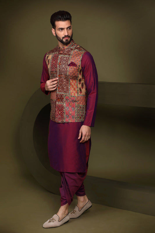 Kisah Men Maroon Printed Kurta Jacket Dhoti Set | Swadesiicart
