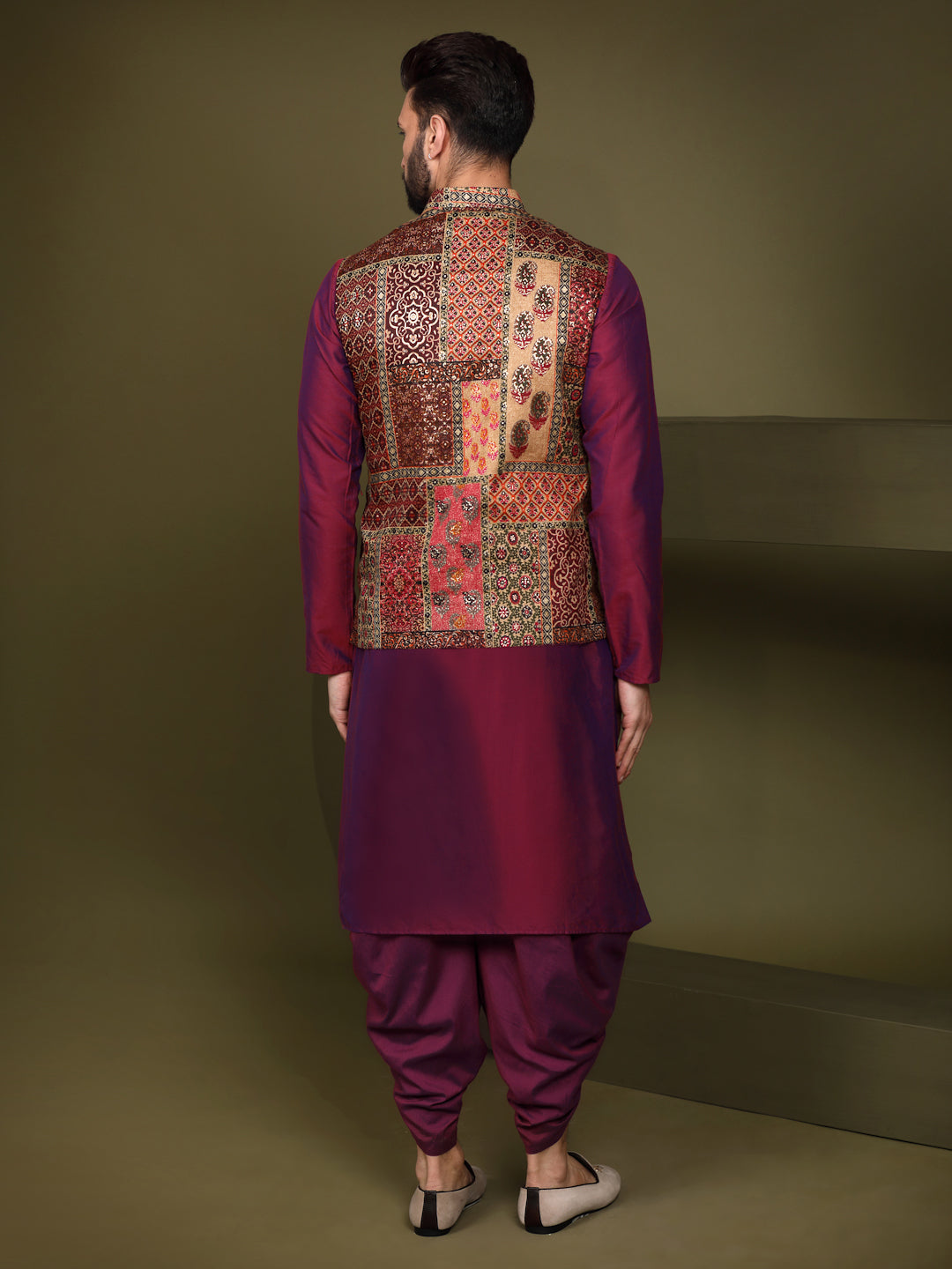 Kisah Men Maroon Printed Kurta Jacket Dhoti Set | Swadesiicart