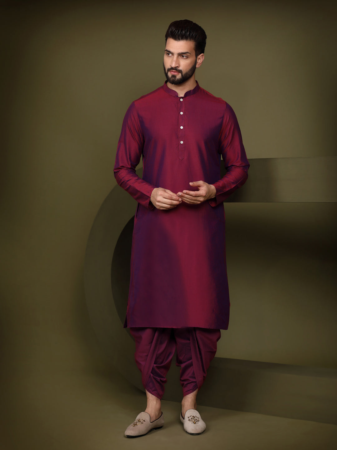 Kisah Men Maroon Printed Kurta Jacket Dhoti Set | Swadesiicart