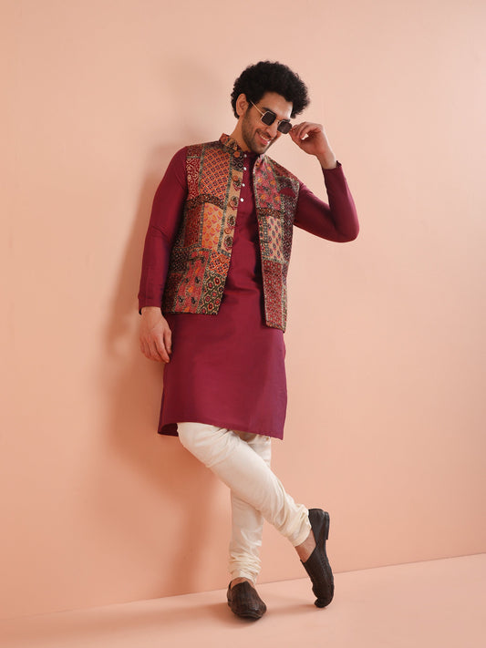 Kisah Men Maroon Printed Kurta Jacket Churidar Set | Swadesiicart