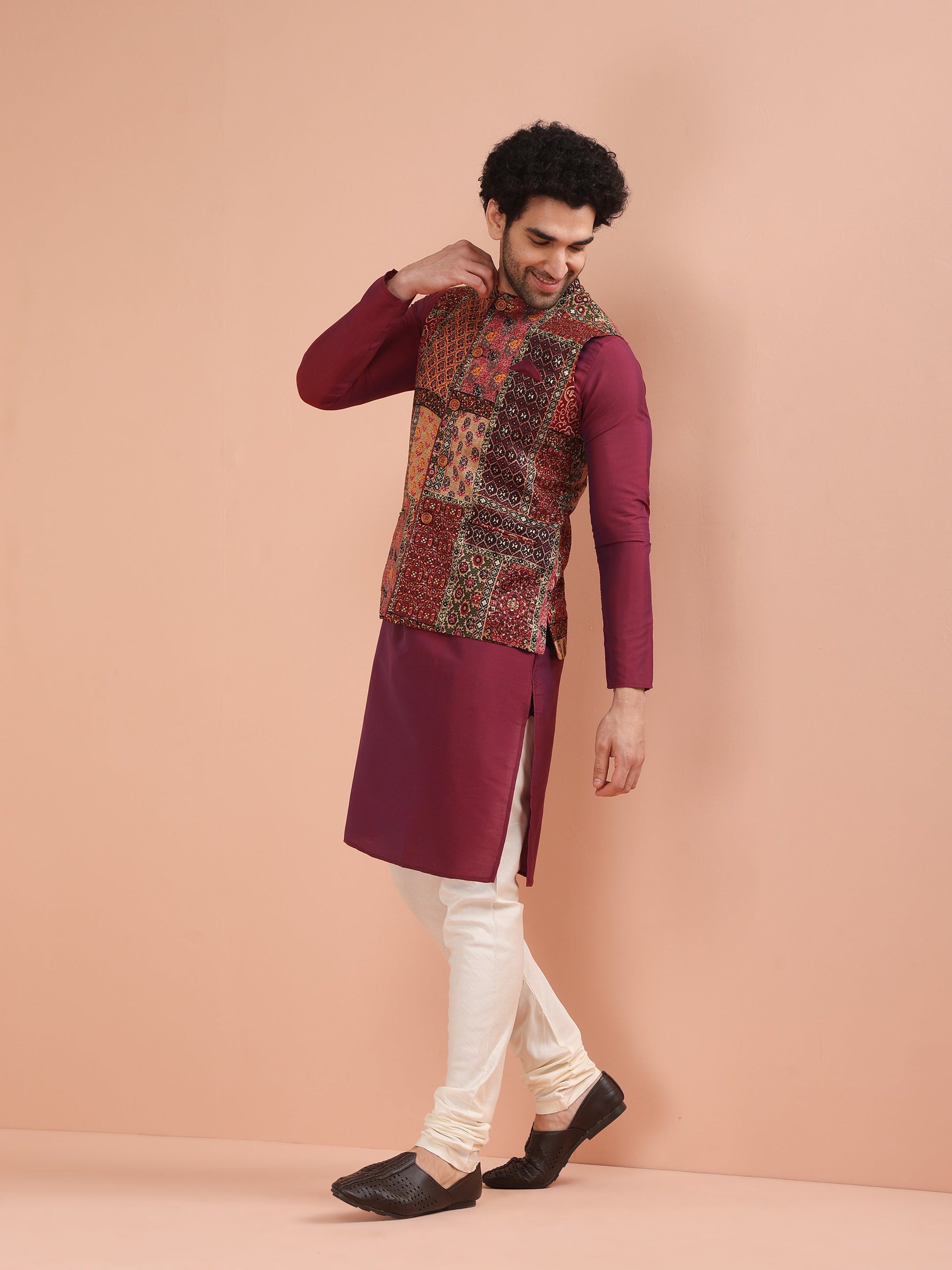 Kisah Men Maroon Printed Kurta Jacket Churidar Set | Swadesiicart