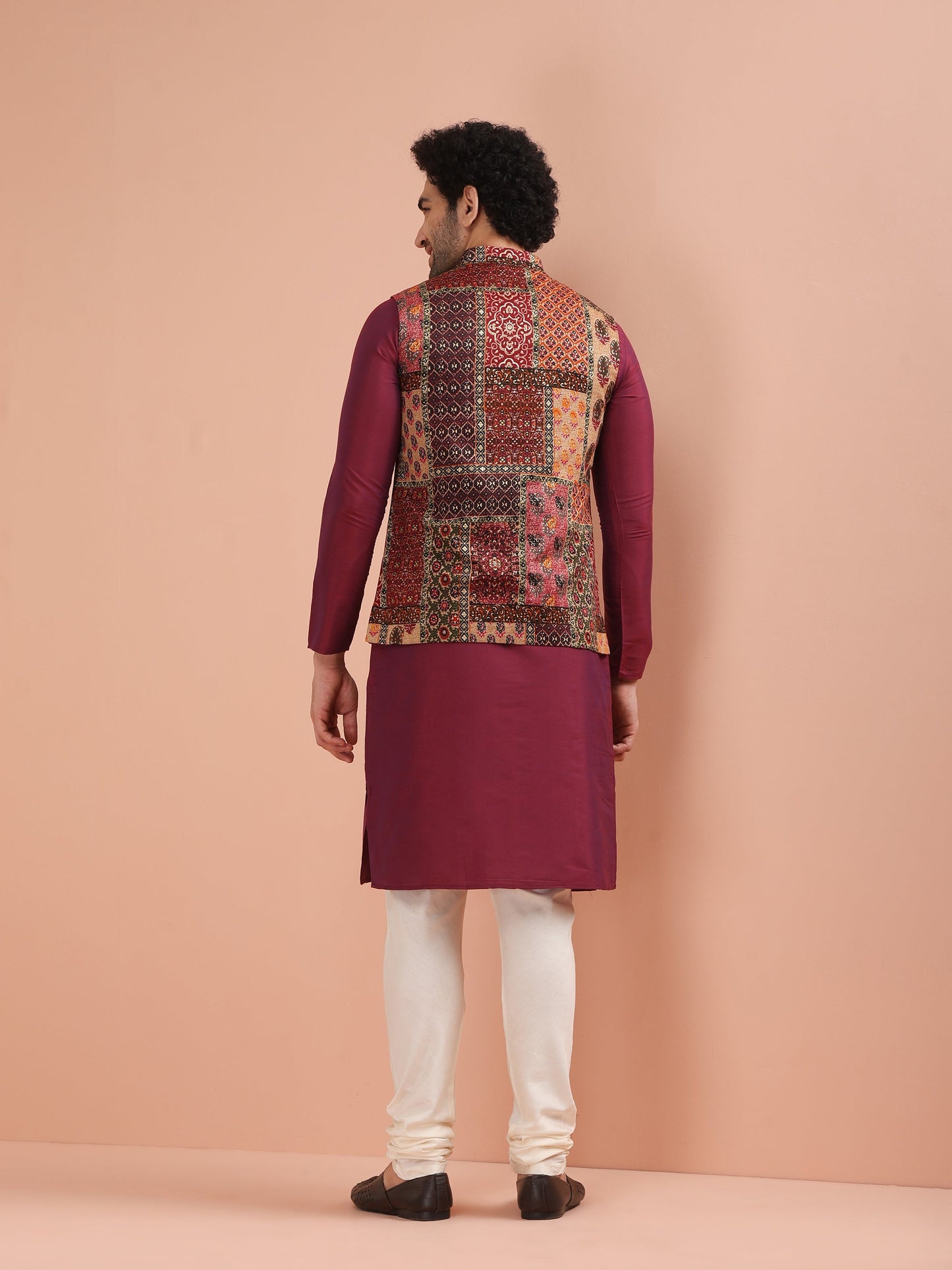 Kisah Men Maroon Printed Kurta Jacket Churidar Set | Swadesiicart