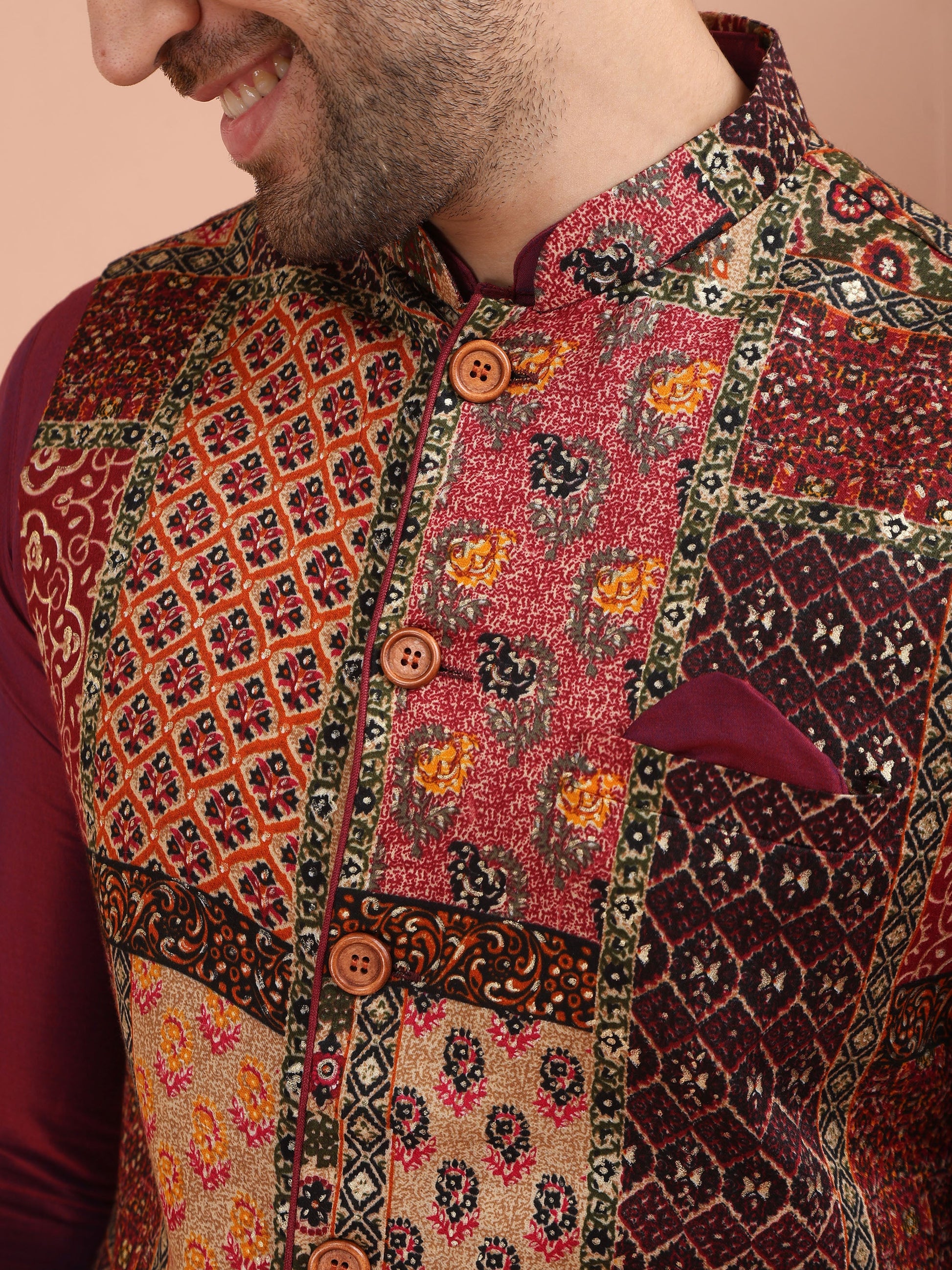 Kisah Men Maroon Printed Kurta Jacket Churidar Set | Swadesiicart