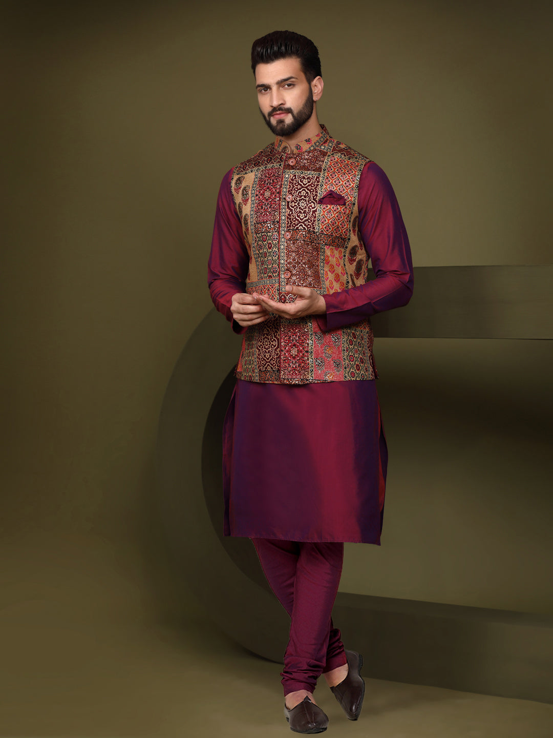 Kisah Men's Multi Color Kurta Jacket Churidar Set | Swadesiicart