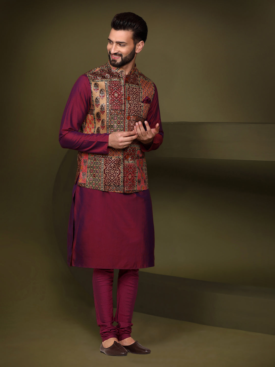 Kisah Men's Multi Color Kurta Jacket Churidar Set | Swadesiicart