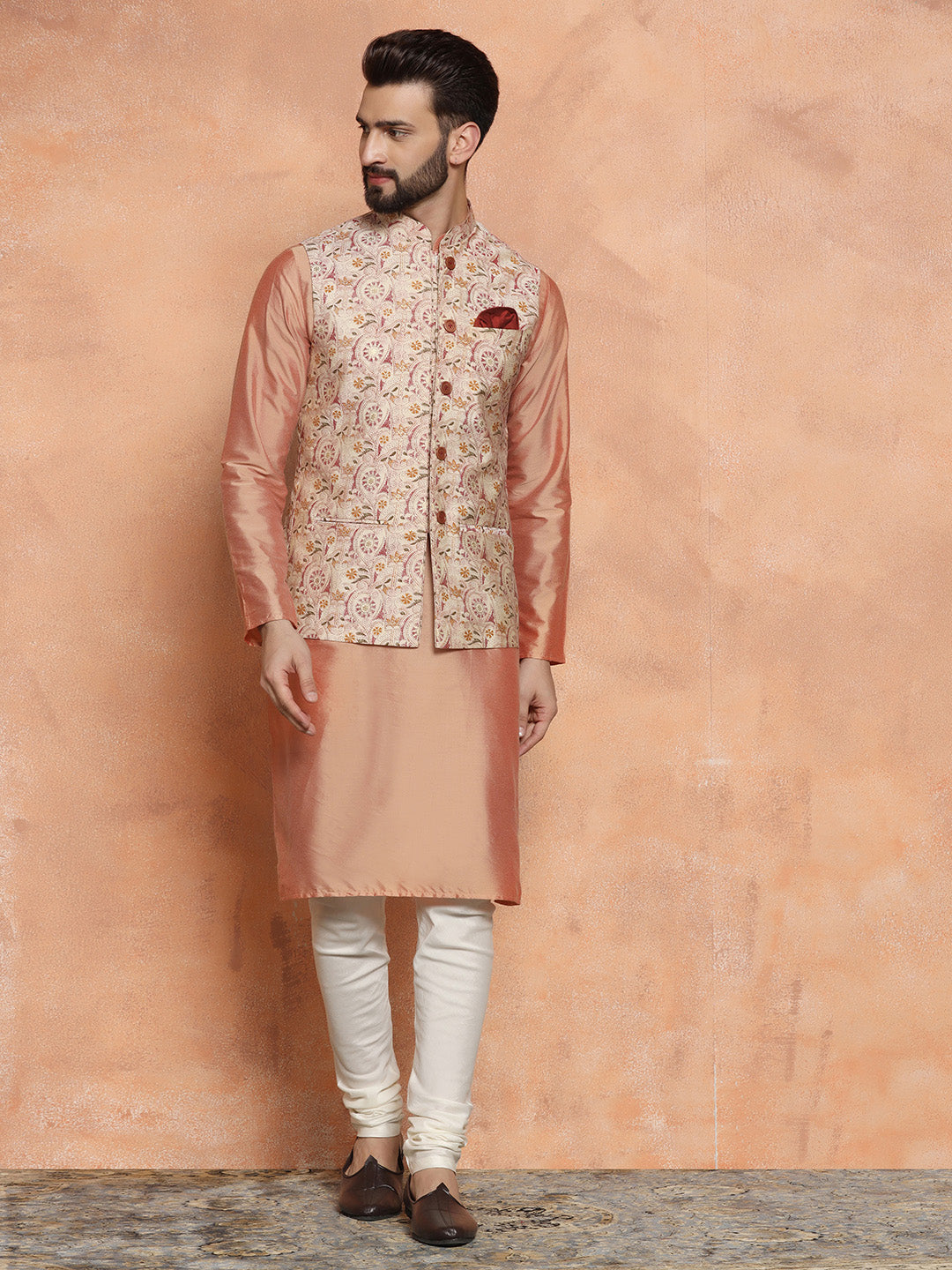 Kisah Men's Multi-Coloured Printed Kurta Jacket with Churidar Set | Swadesiicart