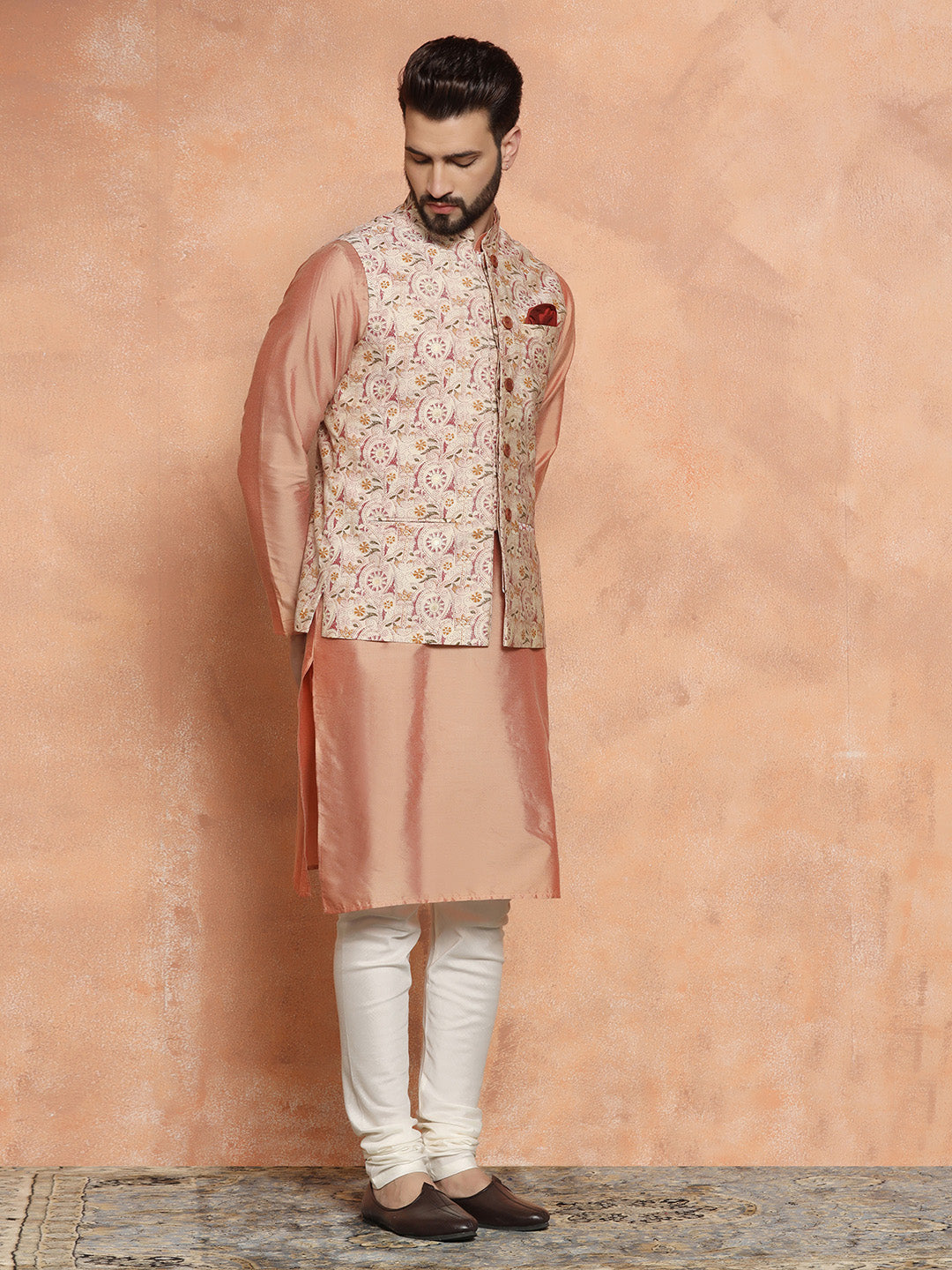 Kisah Men's Multi-Coloured Printed Kurta Jacket with Churidar Set | Swadesiicart