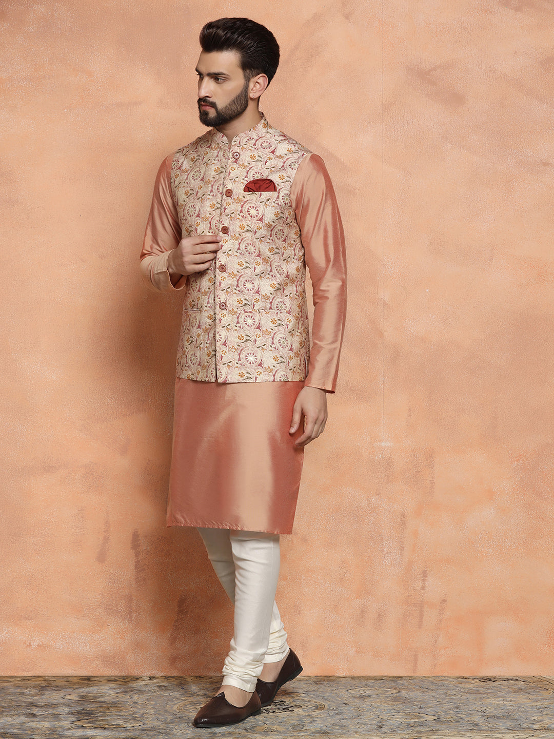 Kisah Men's Multi-Coloured Printed Kurta Jacket with Churidar Set | Swadesiicart