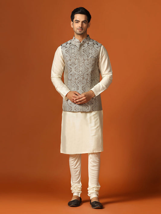 Kisah Men's Grey Kurta Jacket with Churidar Set | Swadesiicart