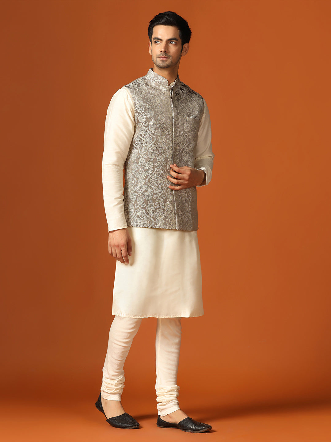 Kisah Men's Grey Kurta Jacket with Churidar Set | Swadesiicart