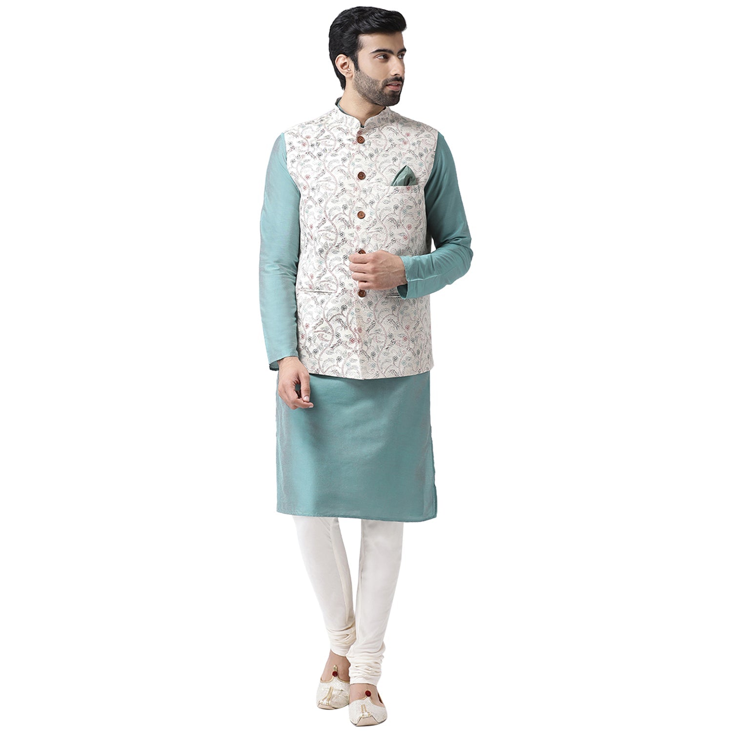 Kisah Men Off-White Printed Kurta Jacket Churidar Set | Swadesiicart