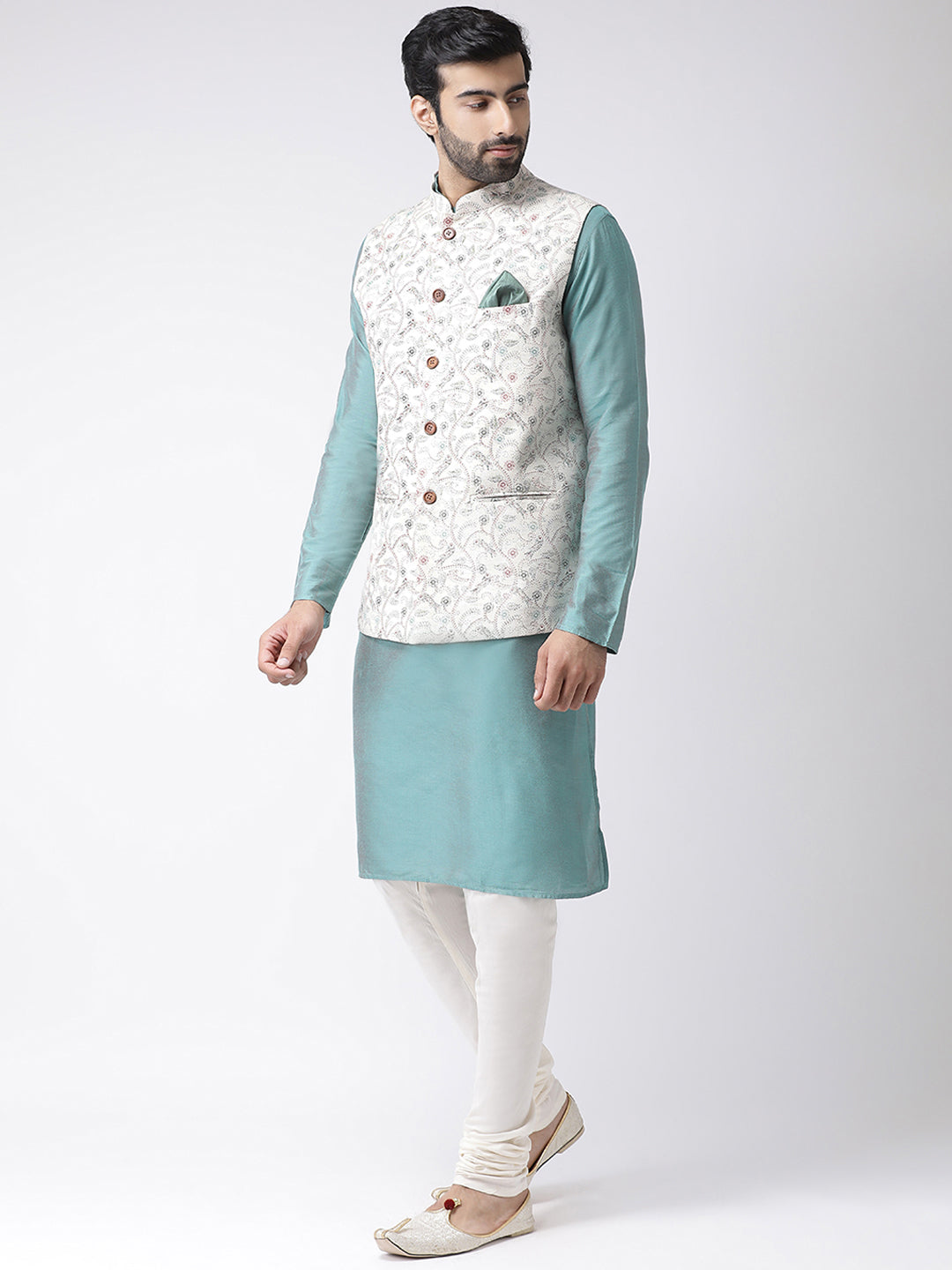 Kisah Men Off-White Printed Kurta Jacket Churidar Set | Swadesiicart