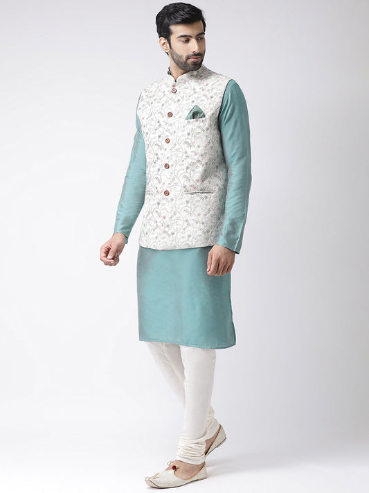Kisah Men Off-White Printed Kurta Jacket Churidar Set | Swadesiicart