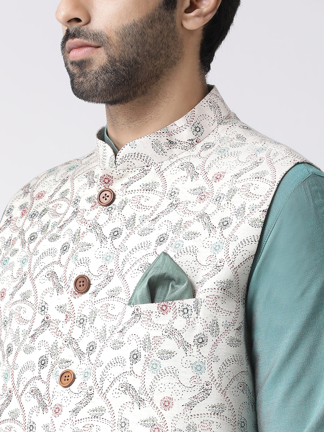Kisah Men Off-White Printed Kurta Jacket Churidar Set | Swadesiicart