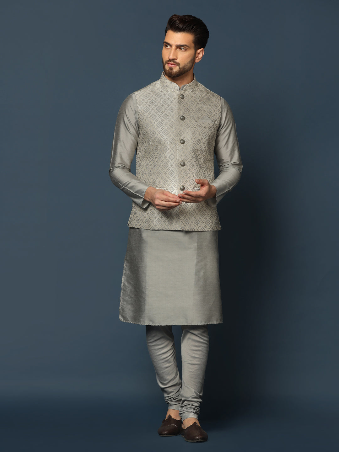 Kisah Men Grey Textured Kurta Jacket Churidar Set | Swadesiicart