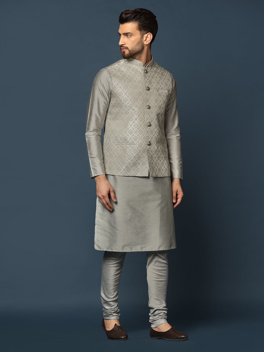 Kisah Men Grey Textured Kurta Jacket Churidar Set | Swadesiicart