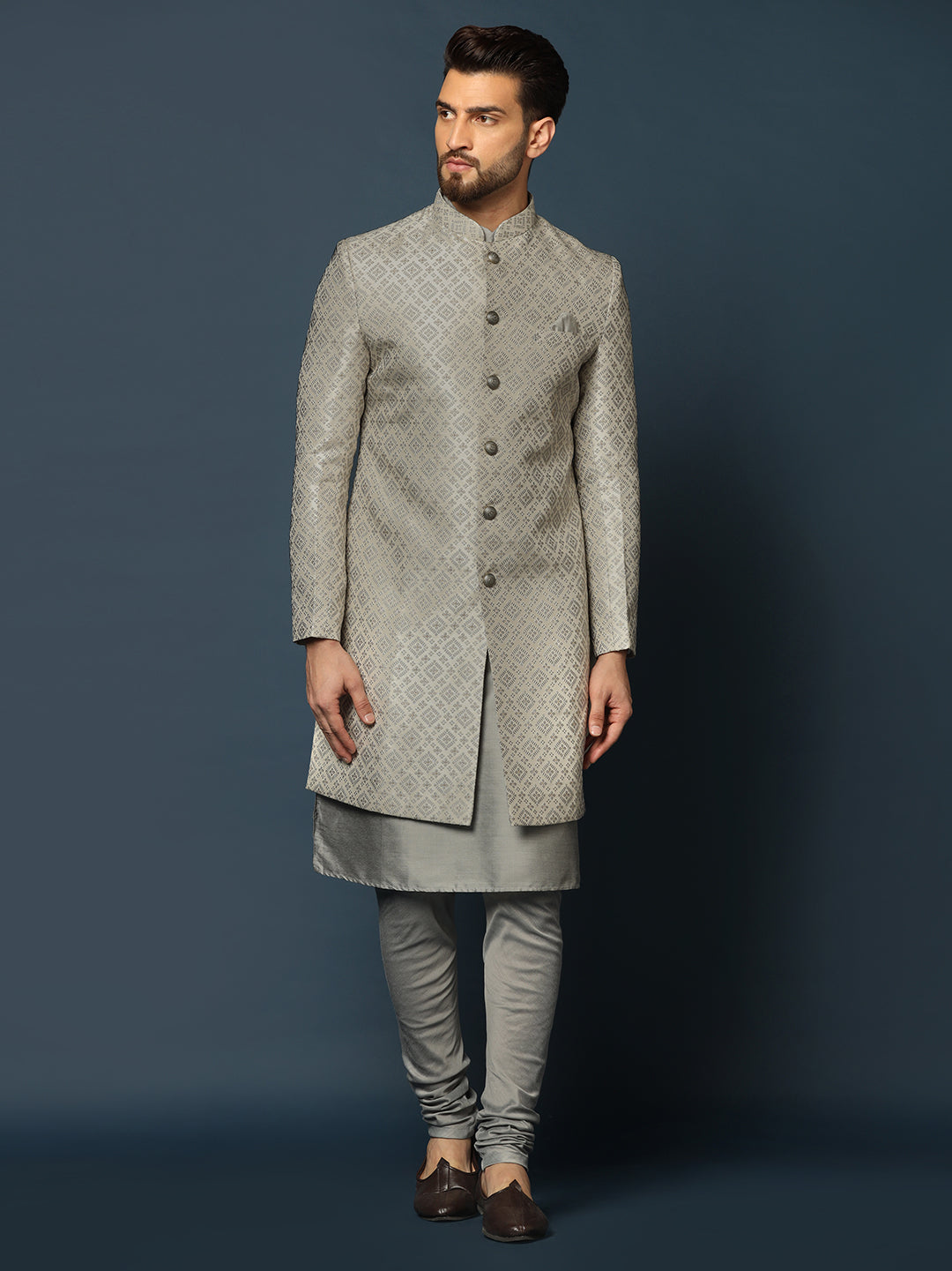 Kisah Men's Grey Textured Kurta with Indo-Western Jacket and Churidar Set | Swadesiicart