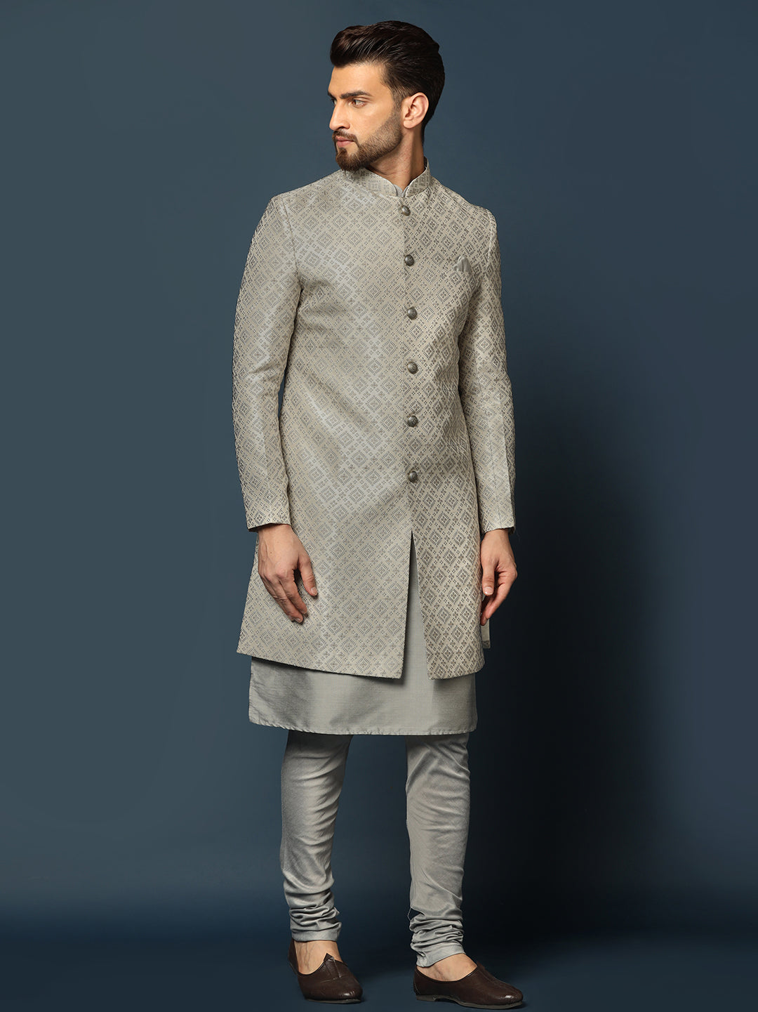 Kisah Men's Grey Textured Kurta with Indo-Western Jacket and Churidar Set | Swadesiicart