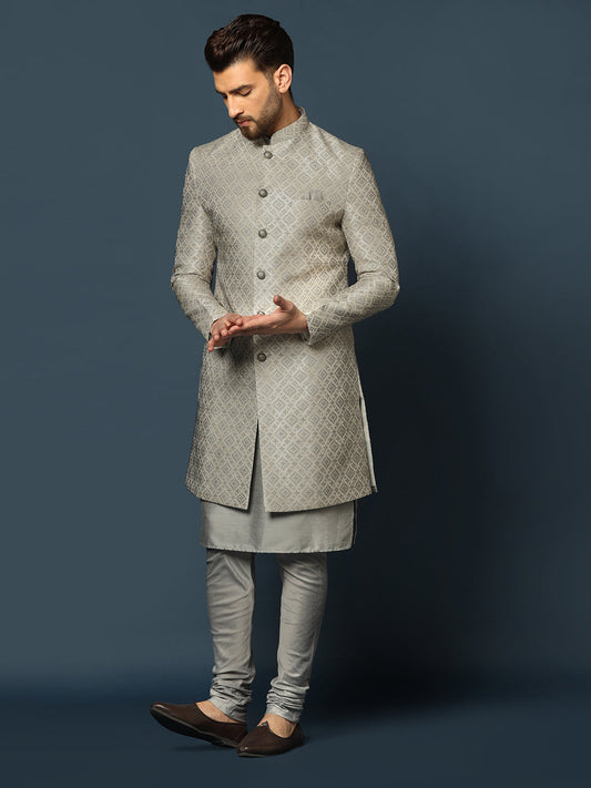 Kisah Men's Grey Textured Kurta with Indo-Western Jacket and Churidar Set | Swadesiicart