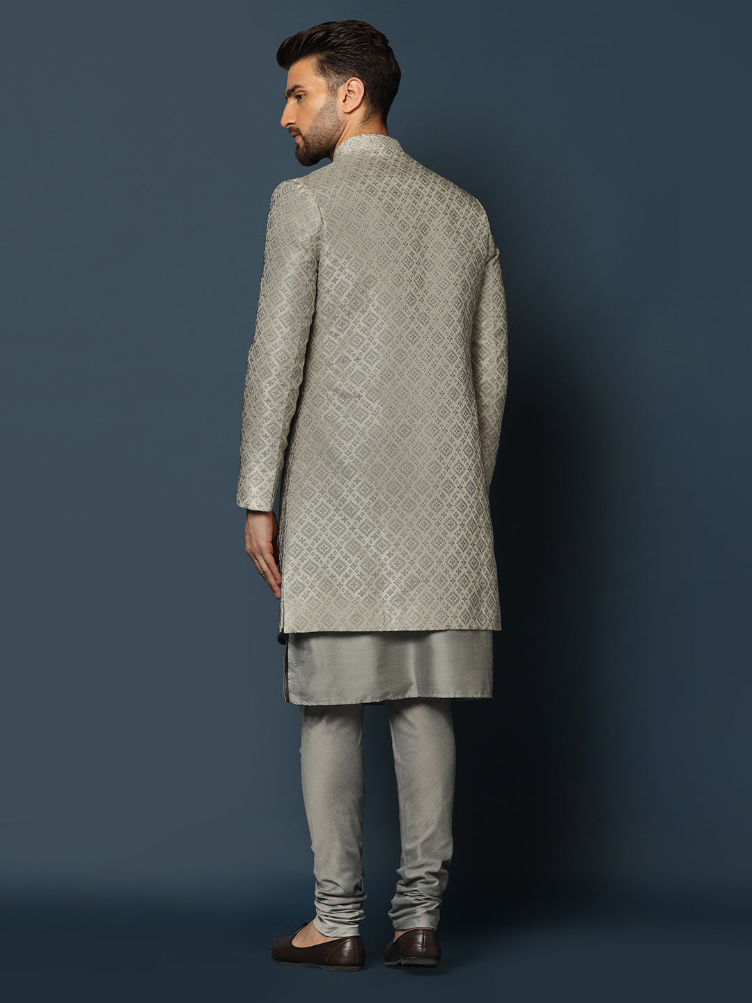 Kisah Men's Grey Textured Kurta with Indo-Western Jacket and Churidar Set | Swadesiicart