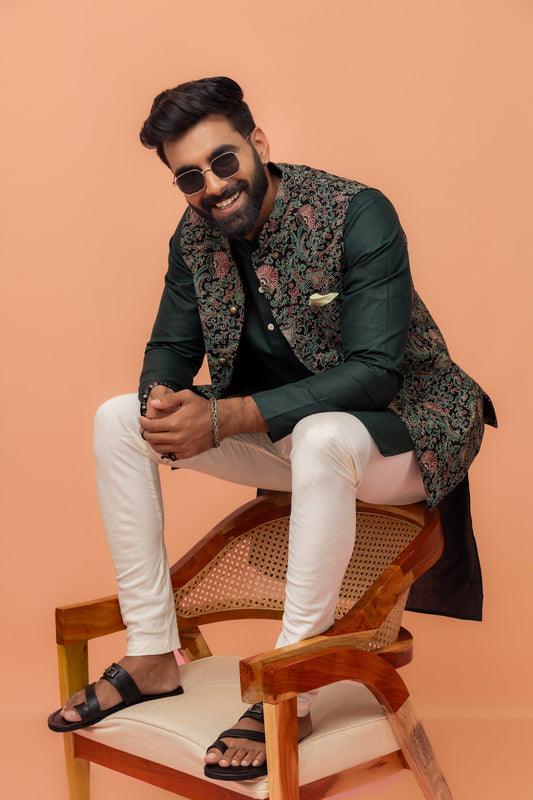Kisah Men Multi Coloured Printed Kurta Jacket Churidar Set | Swadesiicart
