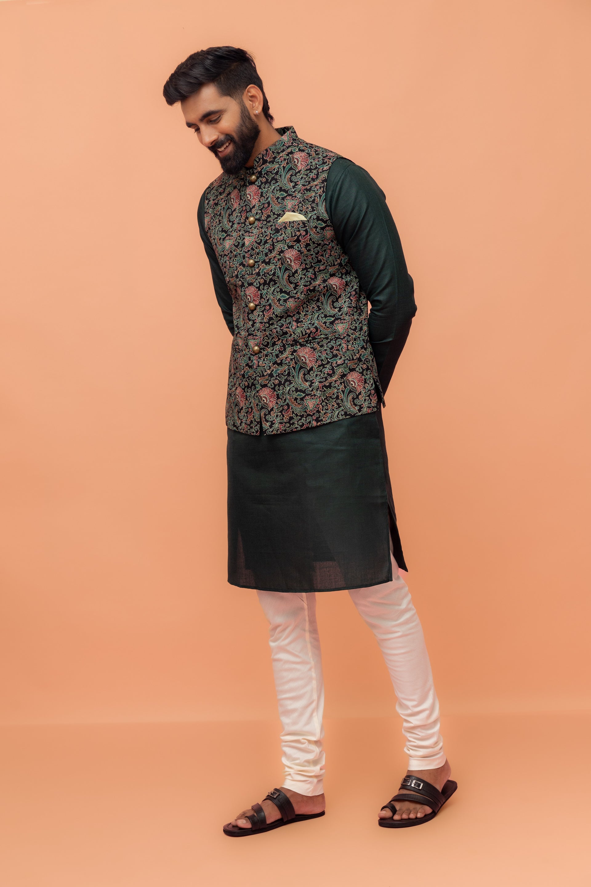 Kisah Men Multi Coloured Printed Kurta Jacket Churidar Set | Swadesiicart