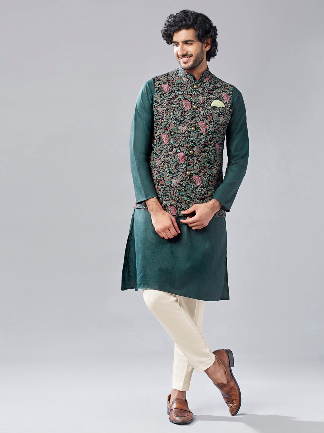 Kisah Men's Multi-Coloured Printed Kurta with Jacket and Trouser Set | Swadesiicart