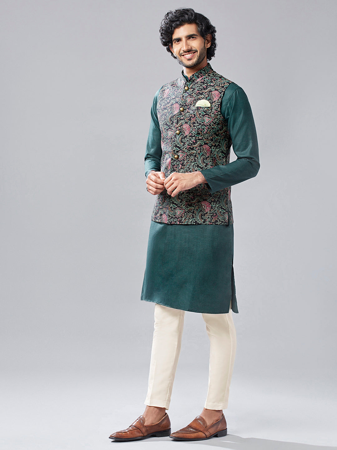 Kisah Men's Multi-Coloured Printed Kurta with Jacket and Trouser Set | Swadesiicart