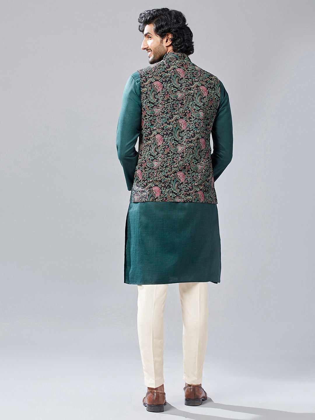 Kisah Men's Multi-Coloured Printed Kurta with Jacket and Trouser Set | Swadesiicart