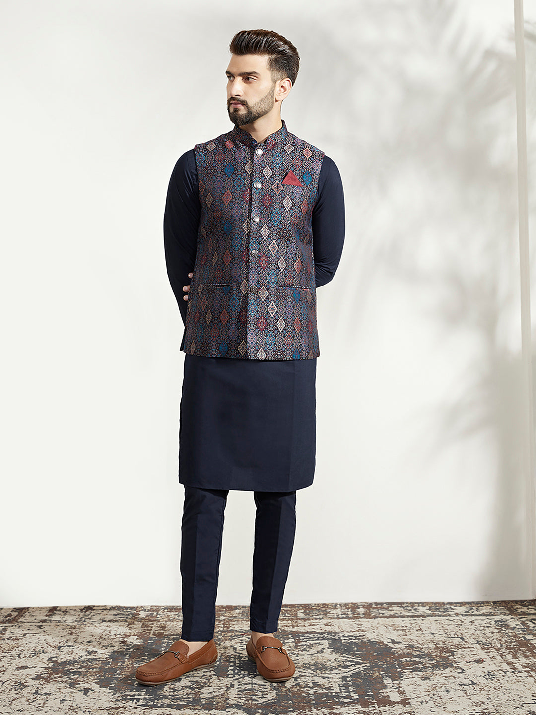Kisah Men Multi Coloured Textured Kurta Jacket Trouser Set | Swadesiicart