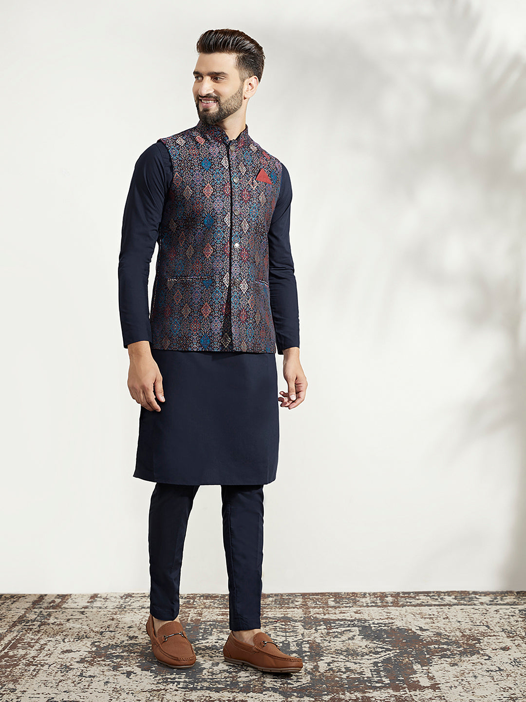 Kisah Men Multi Coloured Textured Kurta Jacket Trouser Set | Swadesiicart
