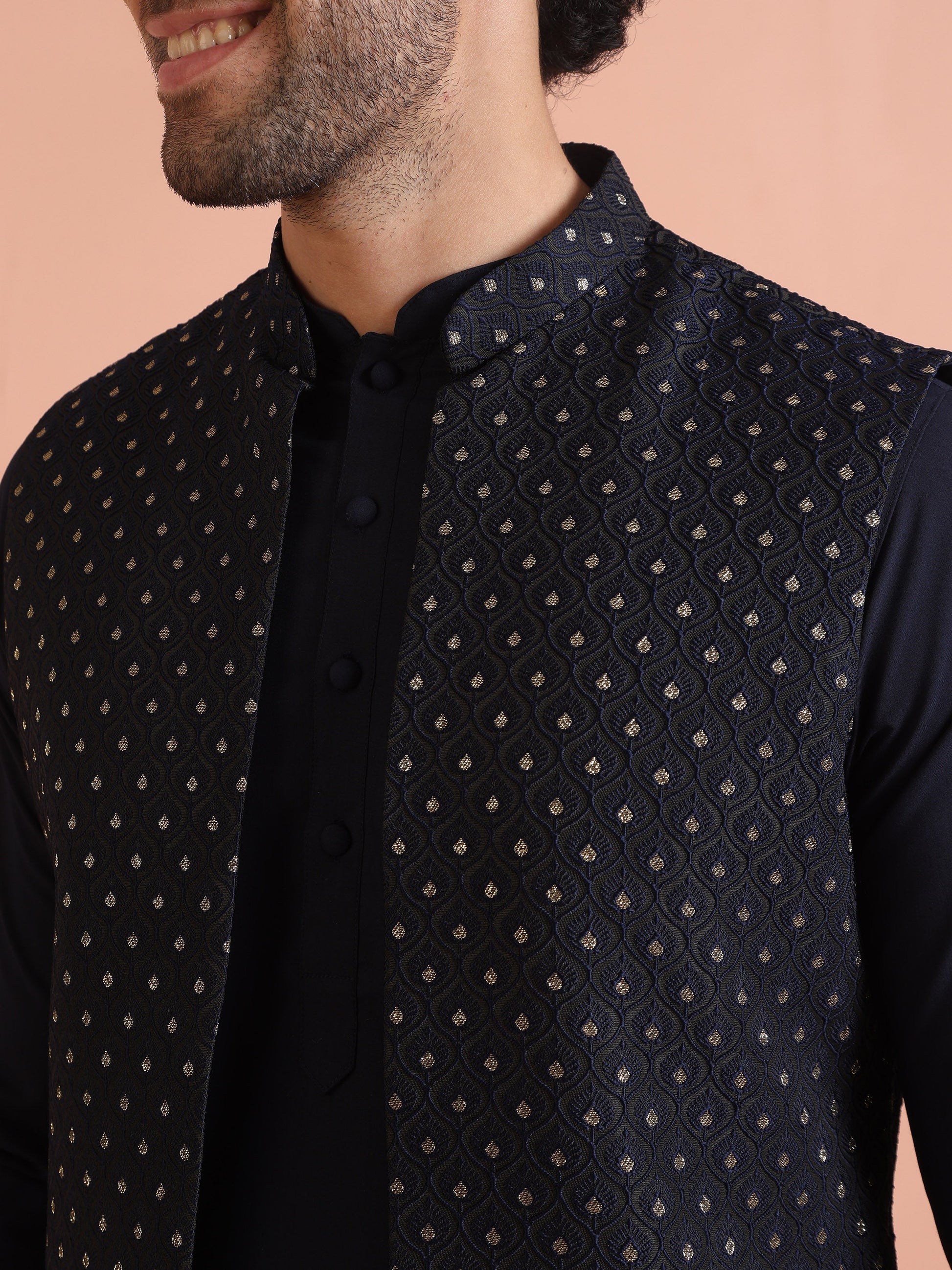 Kisah Men's Navy Blue Kurta Jacket Trouser Set | Swadesiicart