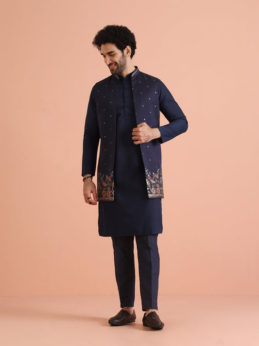 Kisah Men Navy Blue Thread Work Kurta Jacket Trouser Set | Swadesiicart
