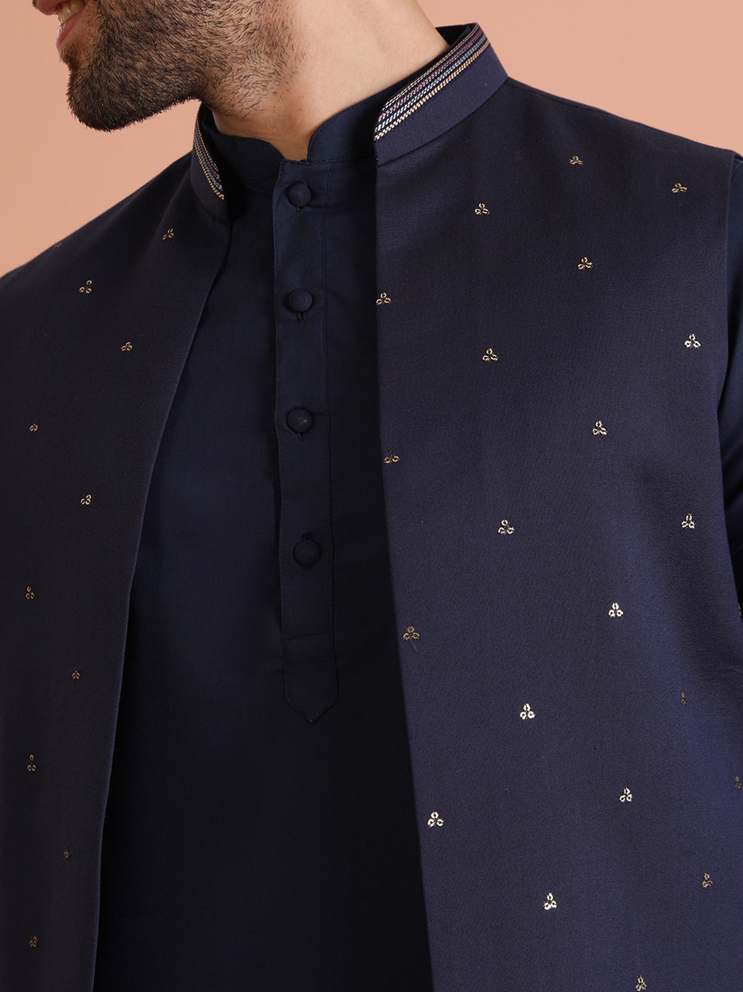 Kisah Men Navy Blue Thread Work Kurta Jacket Trouser Set | Swadesiicart