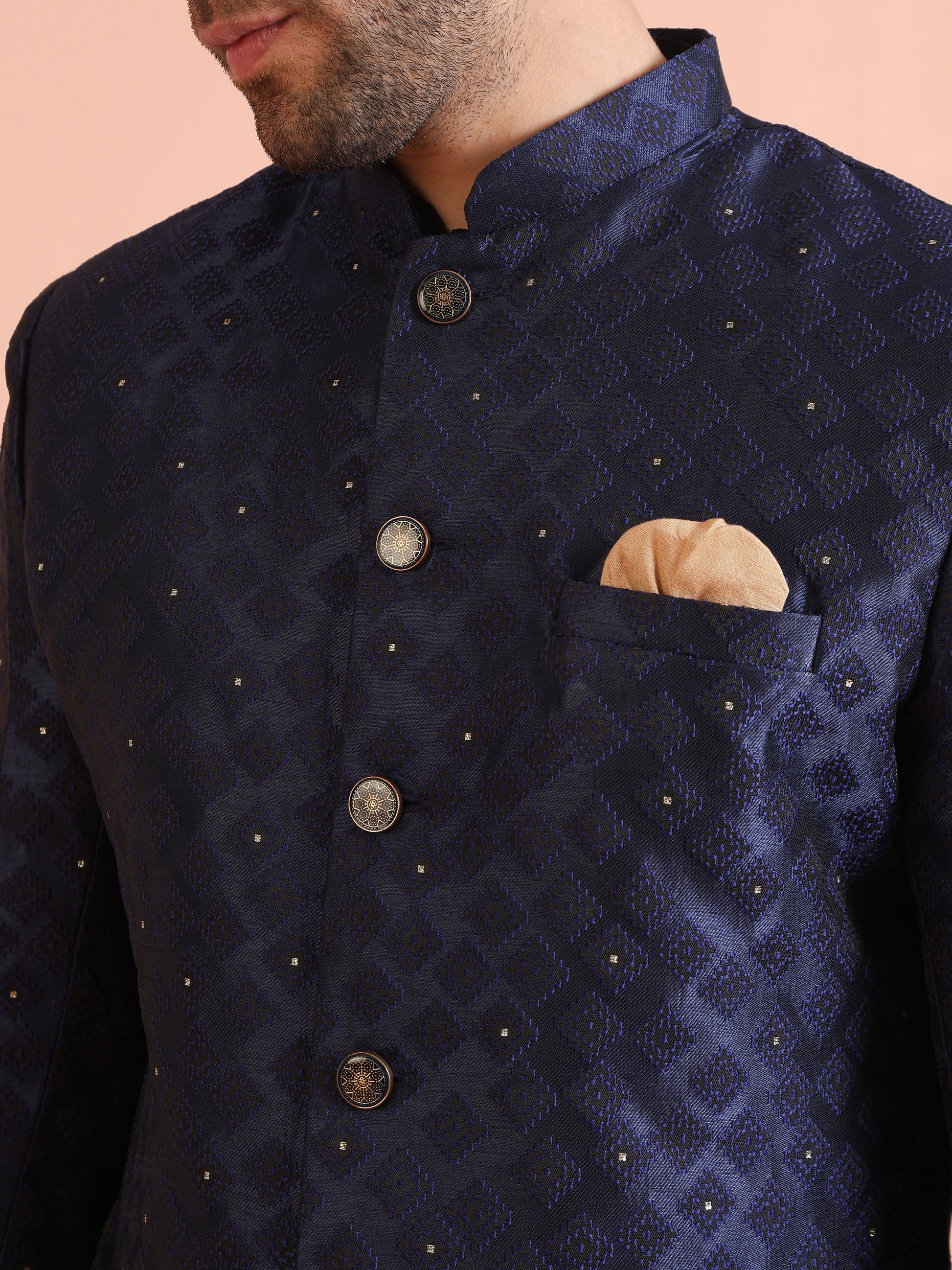 Kisah Men Navy Blue Textured Kurta Indowestern Trouser Set | Swadesiicart