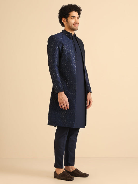 Kisah Men Navy Blue Textured Open Kurta Indowestern Trouser Set | Swadesiicart