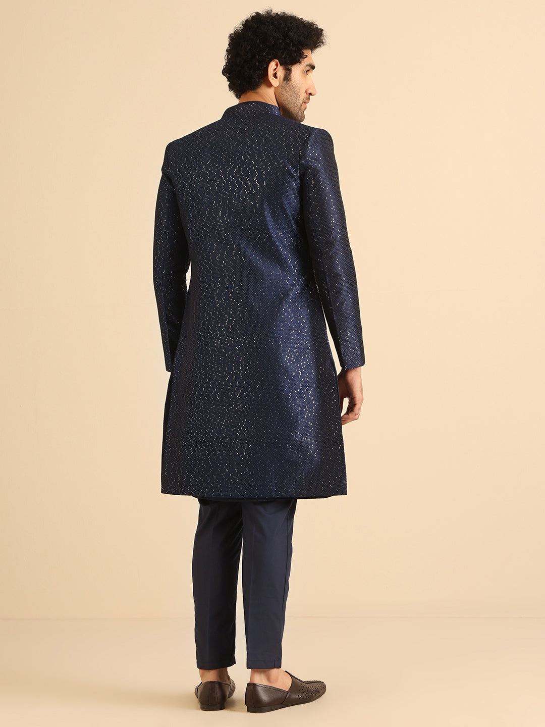Kisah Men Navy Blue Textured Open Kurta Indowestern Trouser Set | Swadesiicart