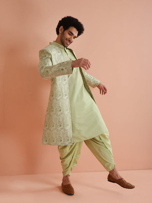 Kisah Men Green Embroidered Kurta Indowestern Dhoti Set | Swadesiicart