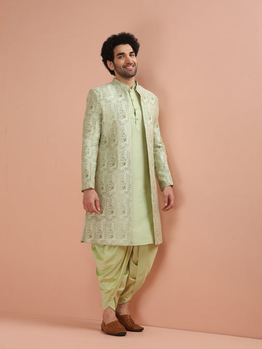 Kisah Men Green Embroidered Kurta Indowestern Dhoti Set | Swadesiicart