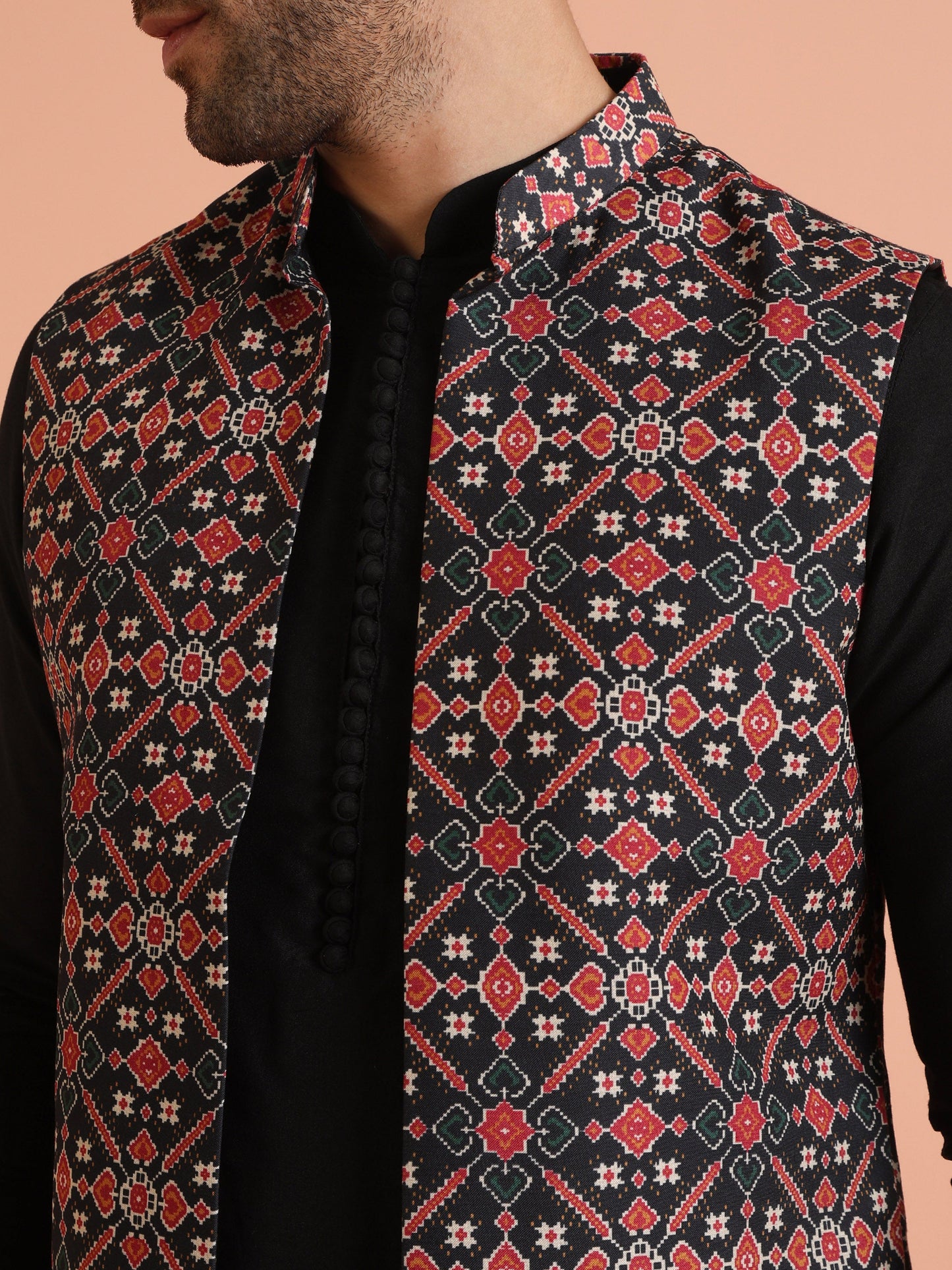 Kisah Men Multi Printed Patola Print Kurta Jacket Trouser Set | Swadesiicart