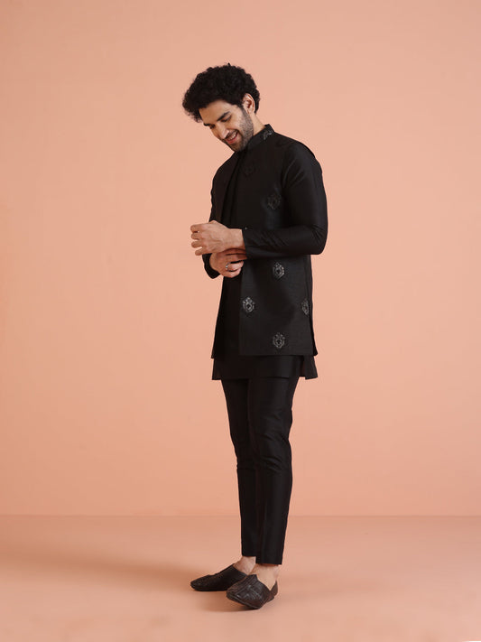 Kisah Men's Black Kurta Jacket Trouser Set | Swadesiicart