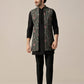 Kisah Men's Black Printed Med-Length Open Kurta with Jacket and Trouser Set | Swadesiicart