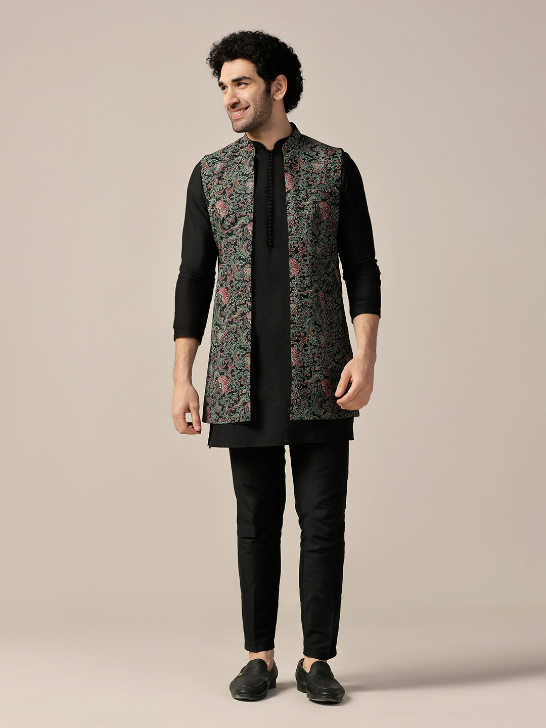 Kisah Men's Black Printed Med-Length Open Kurta with Jacket and Trouser Set | Swadesiicart